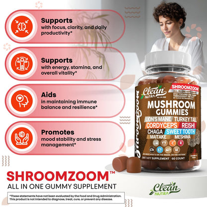 15-in-1 Pilz-Gummis mit Löwenmähne, Truthahnschwanz, Cordyceps, Reishi, Chaga, Sweet Tooth, Maitake, Meshima, Poria Cocos, Shiitake, Tremella, Austernpilz, Agaricus – für Männer und Frauen – Clean Nutra