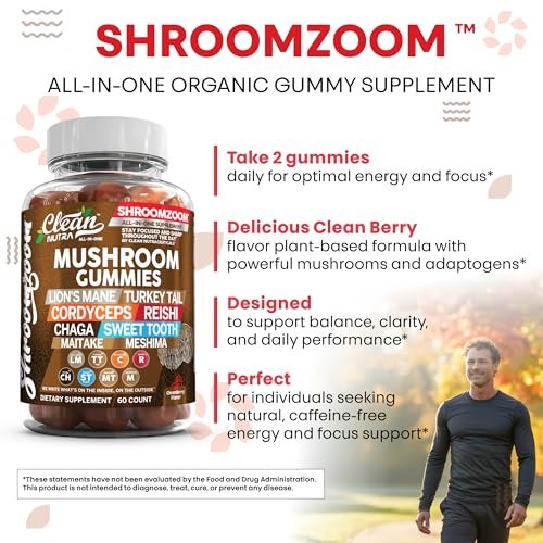 15-in-1 Pilz-Gummis mit Löwenmähne, Truthahnschwanz, Cordyceps, Reishi, Chaga, Sweet Tooth, Maitake, Meshima, Poria Cocos, Shiitake, Tremella, Austernpilz, Agaricus – für Männer und Frauen – Clean Nutra