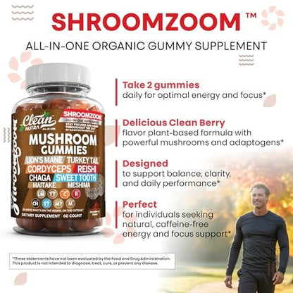 15-in-1 Pilz-Gummis mit Löwenmähne, Truthahnschwanz, Cordyceps, Reishi, Chaga, Sweet Tooth, Maitake, Meshima, Poria Cocos, Shiitake, Tremella, Austernpilz, Agaricus – für Männer und Frauen – Clean Nutra