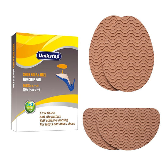 UNIKSTEP 6 Paar (12 Stück) Anti-Rutsch-Pads für Schuhsohlen, selbstklebende Gummigriffe, Vorder- und Fersenschutz, geräuschdämpfend (Khaki mit Wellenmuster)