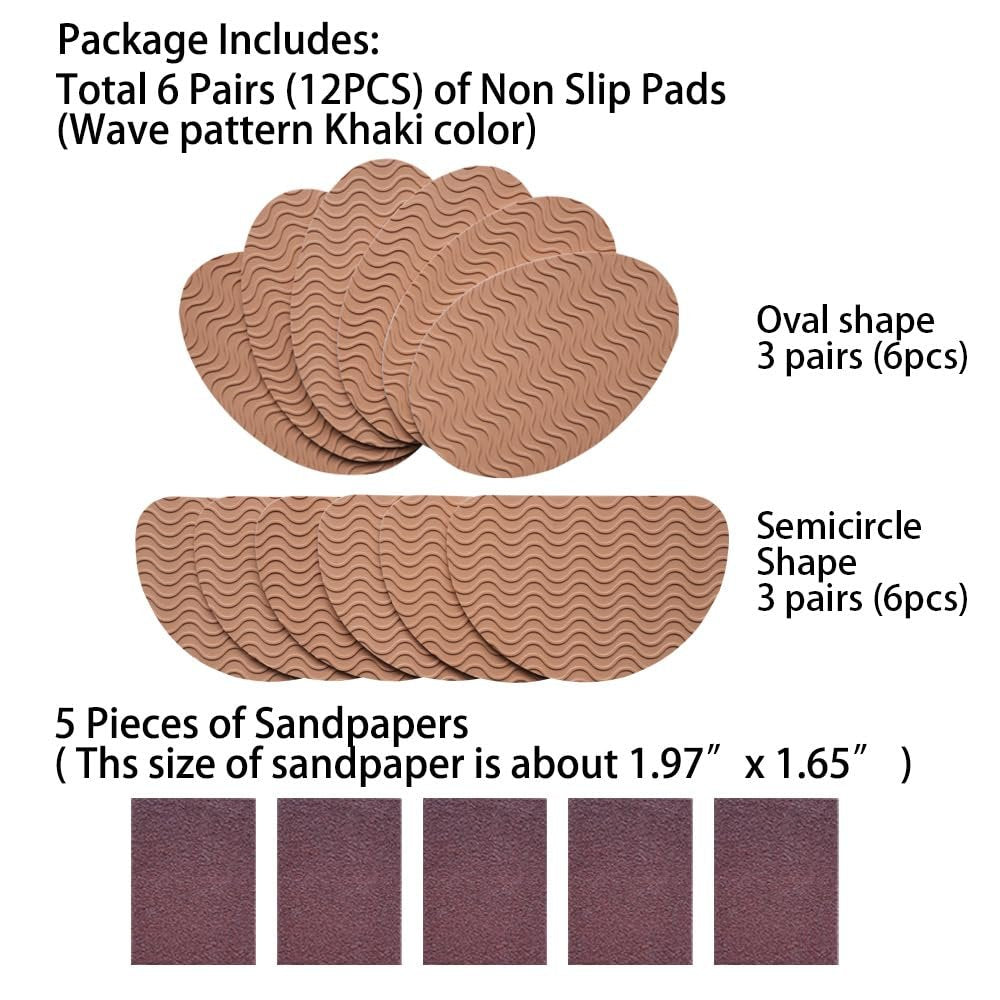 UNIKSTEP 6 Paar (12 Stück) Anti-Rutsch-Pads für Schuhsohlen, selbstklebende Gummigriffe, Vorder- und Fersenschutz, geräuschdämpfend (Khaki mit Wellenmuster)