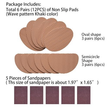 UNIKSTEP 6 Paar (12 Stück) Anti-Rutsch-Pads für Schuhsohlen, selbstklebende Gummigriffe, Vorder- und Fersenschutz, geräuschdämpfend (Khaki mit Wellenmuster)