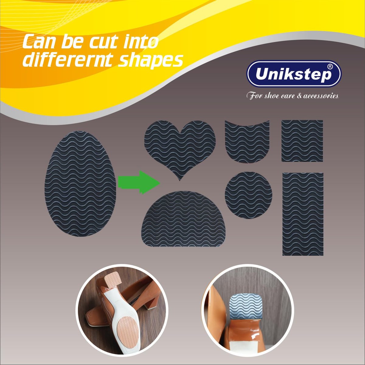 UNIKSTEP 6 Paar (12 Stück) Anti-Rutsch-Pads für Schuhsohlen, selbstklebende Gummigriffe, Geräuschreduzierung und Sohlenschutz für Vorder- und Fersenbereich (Schwarz mit Wellenmuster)