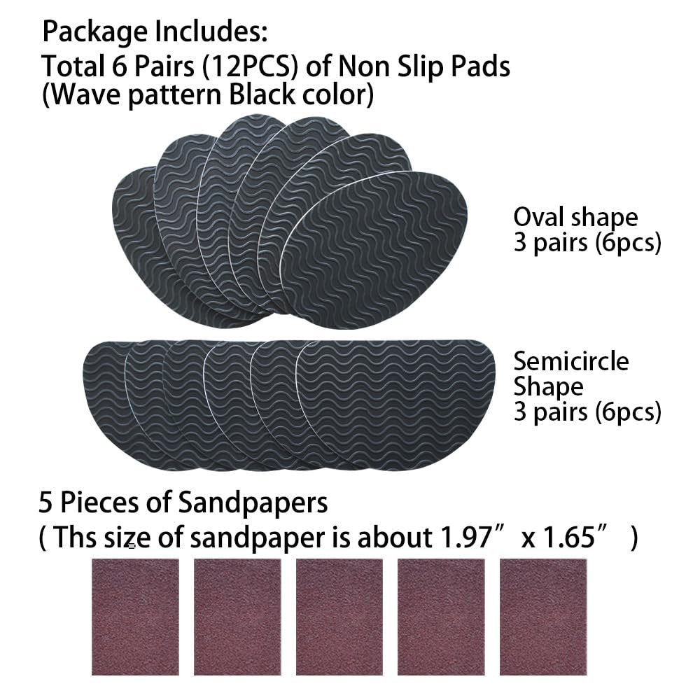 UNIKSTEP 6 Paar (12 Stück) Anti-Rutsch-Pads für Schuhsohlen, selbstklebende Gummigriffe, Geräuschreduzierung und Sohlenschutz für Vorder- und Fersenbereich (Schwarz mit Wellenmuster)