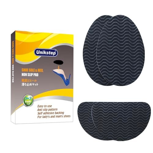 UNIKSTEP 6 Paar (12 Stück) Anti-Rutsch-Pads für Schuhsohlen, selbstklebende Gummigriffe, Geräuschreduzierung und Sohlenschutz für Vorder- und Fersenbereich (Schwarz mit Wellenmuster)