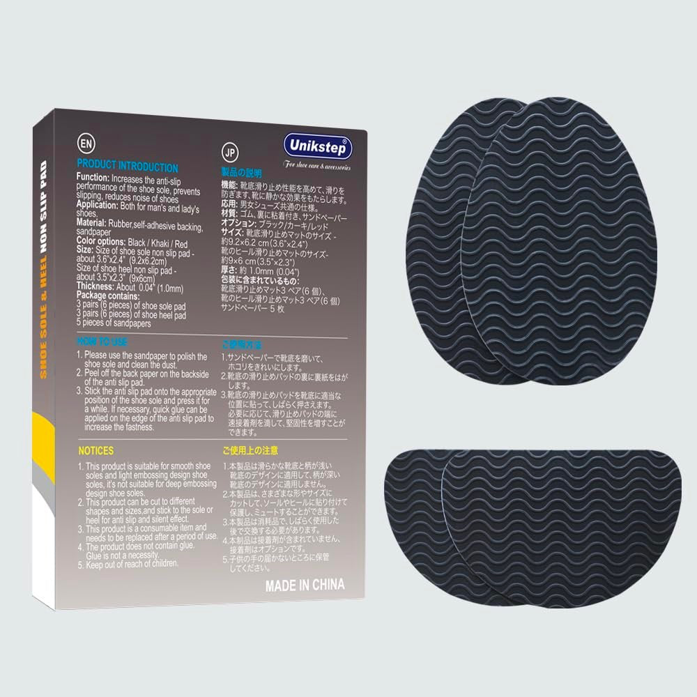 UNIKSTEP 6 Paar (12 Stück) Anti-Rutsch-Pads für Schuhsohlen, selbstklebende Gummigriffe, Geräuschreduzierung und Sohlenschutz für Vorder- und Fersenbereich (Schwarz mit Wellenmuster)