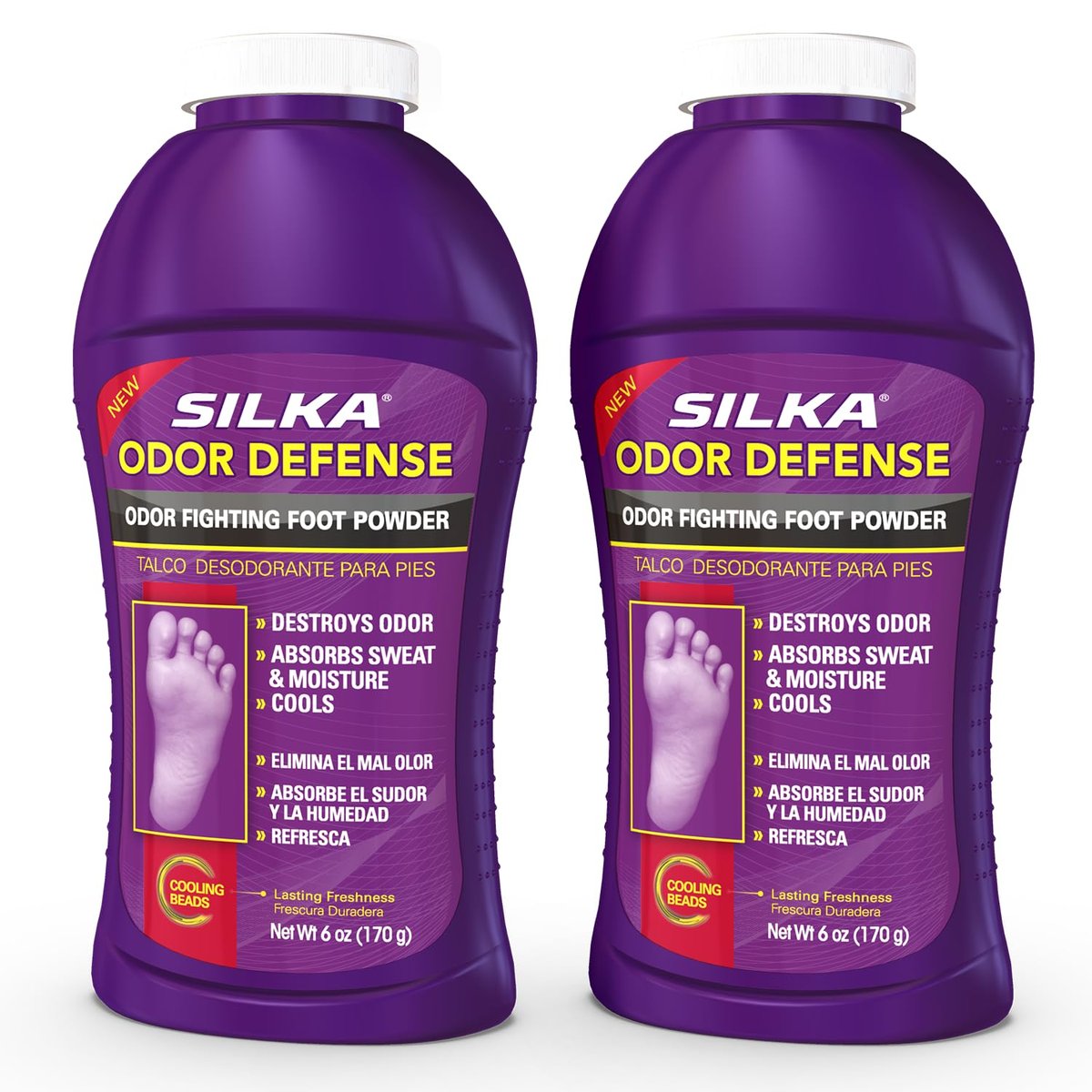 SILKA Fußpuder & Schuh-Deodorizer mit Maisstärke, Talkum & Kühlperlen – 6 Unzen (2er-Pack) – Bekämpft Gerüche, absorbiert Schweiß & Feuchtigkeit