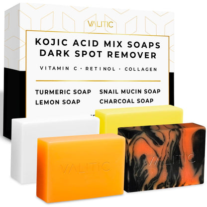 VALITIC Kojic Acid Seife – 4er-Pack mit Kurkuma, Schneckenmucin, Aktivkohle und Zitrone – Dunkle Flecken Entferner Seife mit Hyaluronsäure, Vitamin C, Vitamin E und Sheabutter