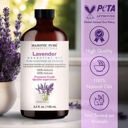 Majestic Pure Lavendel Ätherisches Öl mit Glaspipette - 100% rein und natürlich - Ätherische Öle für Diffuser, Aromatherapie, Seifen- und Kerzenherstellung, 100 ml