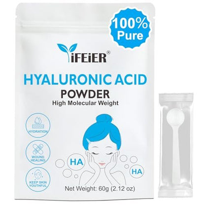 iFEiER 100% Reine Hyaluronsäure Pulver | Hochmolekulares Hyaluronsäure Serum Pulver | 60g (2,12 oz) Kosmetikqualität | Natriumhyaluronat | HMW Hyaluronsäure Inhaltsstoff für DIY Seren