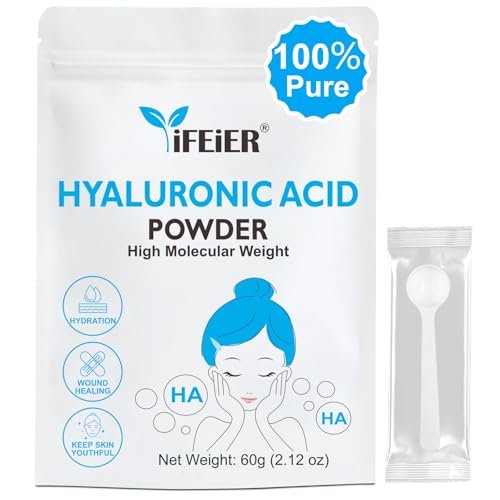 iFEiER 100% Reine Hyaluronsäure Pulver | Hochmolekulares Hyaluronsäure Serum Pulver | 60g (2,12 oz) Kosmetikqualität | Natriumhyaluronat | HMW Hyaluronsäure Inhaltsstoff für DIY Seren