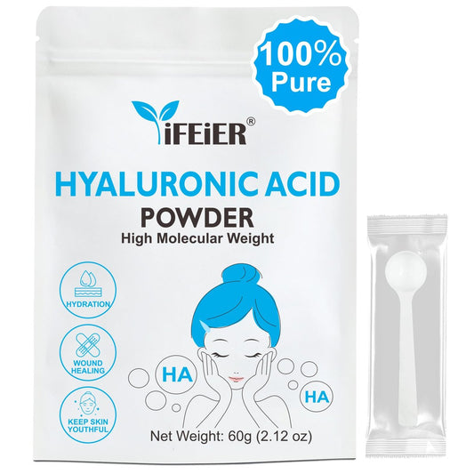 iFEiER 100% Reine Hyaluronsäure Pulver | Hochmolekulares Hyaluronsäure Serum Pulver | 60g (2,12 oz) Kosmetikqualität | Natriumhyaluronat | HMW Hyaluronsäure Inhaltsstoff für DIY Seren