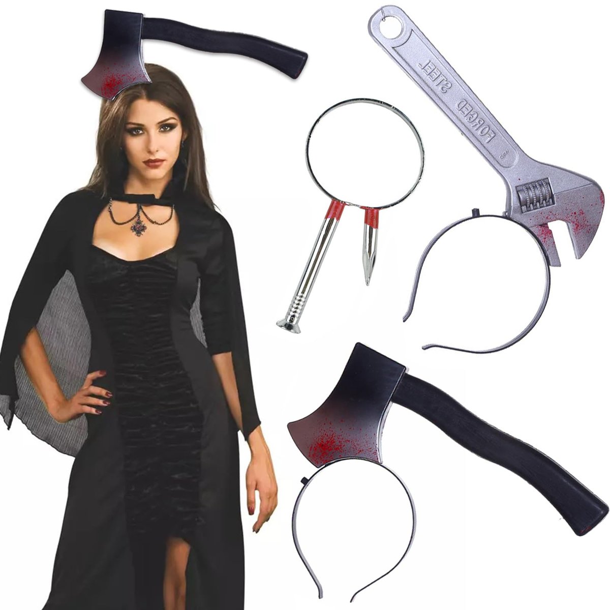 3-teiliges Halloween-Kostüm-Set – Gruselige Waffen-Stirnbänder aus Plastik (Axt, Schraubenschlüssel, Nagel, Schere) für Frauen – Lustige Cosplay-Foto-Requisiten für Partys