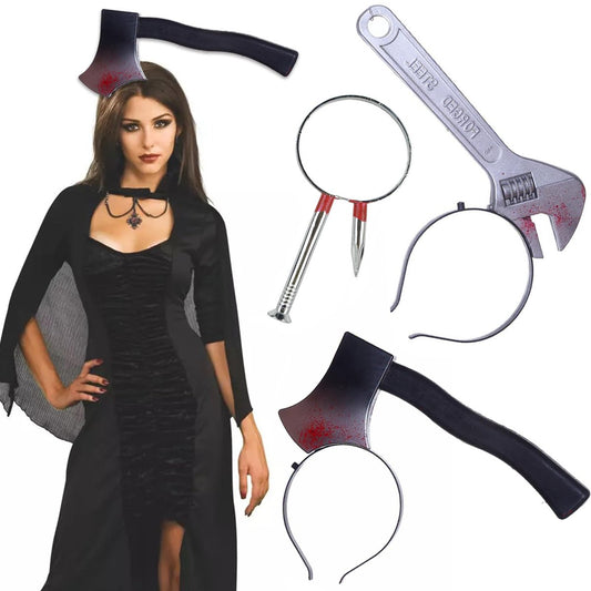 3-teiliges Halloween-Kostüm-Set – Gruselige Waffen-Stirnbänder aus Plastik (Axt, Schraubenschlüssel, Nagel, Schere) für Frauen – Lustige Cosplay-Foto-Requisiten für Partys