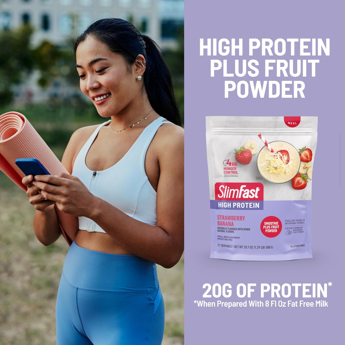 SlimFast High Protein Smoothie Mix Plus Fruchtpulver, Mahlzeitenersatz-Pulver mit Ballaststoffen und Vitamin C, 21 Portionen, 1,29 Pfund, Erdbeer-Banane (Verpackung kann variieren)