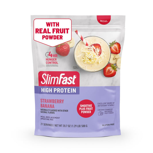 SlimFast High Protein Smoothie Mix Plus Fruchtpulver, Mahlzeitenersatz-Pulver mit Ballaststoffen und Vitamin C, 21 Portionen, 1,29 Pfund, Erdbeer-Banane (Verpackung kann variieren)