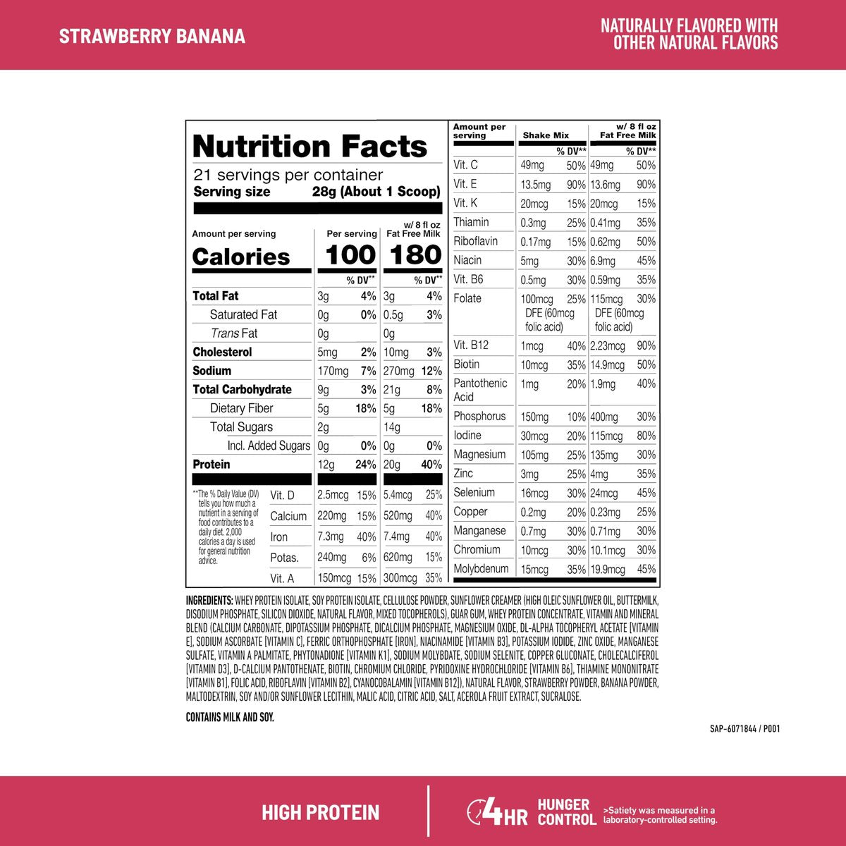 SlimFast High Protein Smoothie Mix Plus Fruchtpulver, Mahlzeitenersatz-Pulver mit Ballaststoffen und Vitamin C, 21 Portionen, 1,29 Pfund, Erdbeer-Banane (Verpackung kann variieren)