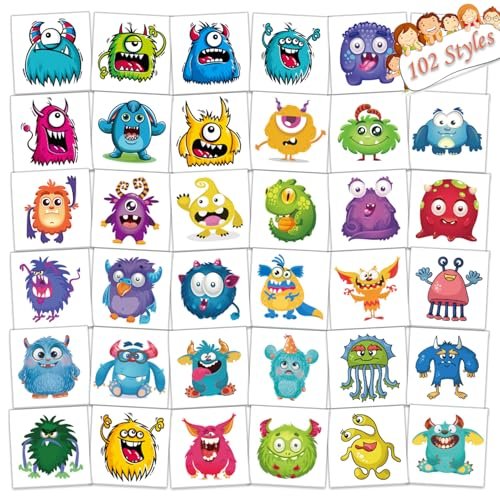 UVUXO 102 Stück einzeln verpackte Monster-Tattoos für Kinder – Süße kleine Monster-Tattoos für Mädchen und Jungen, Körper, Arme, Schultern, Geburtstagsparty-Geschenke