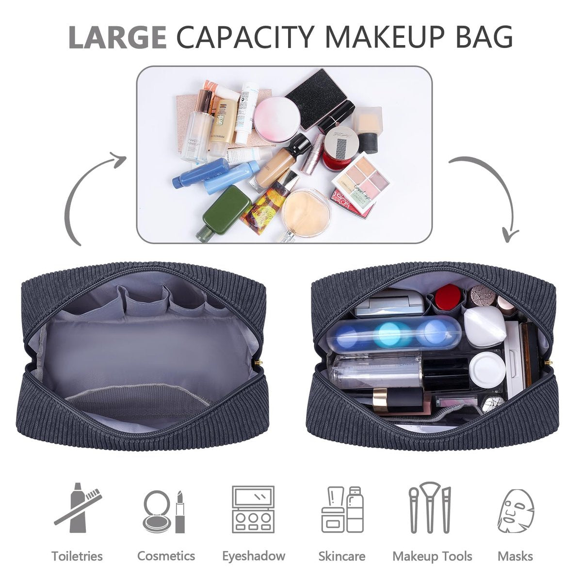 MAGEFY Kleine Make-up Tasche für die Handtasche – Portable Kosmetiktasche mit Fächern aus Cord – Make-up Beutel für Frauen und Reise (Dunkelgrau, SKIN)