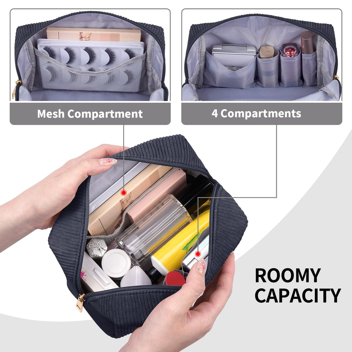 MAGEFY Kleine Make-up Tasche für die Handtasche – Portable Kosmetiktasche mit Fächern aus Cord – Make-up Beutel für Frauen und Reise (Dunkelgrau, SKIN)