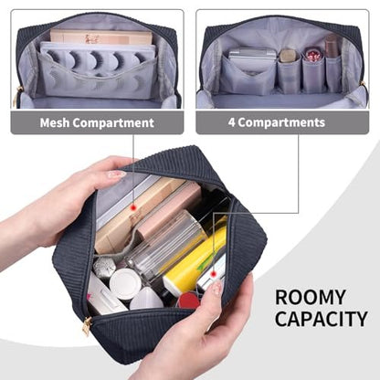 MAGEFY Kleine Make-up Tasche für die Handtasche – Portable Kosmetiktasche mit Fächern aus Cord – Make-up Beutel für Frauen und Reise (Dunkelgrau, SKIN)