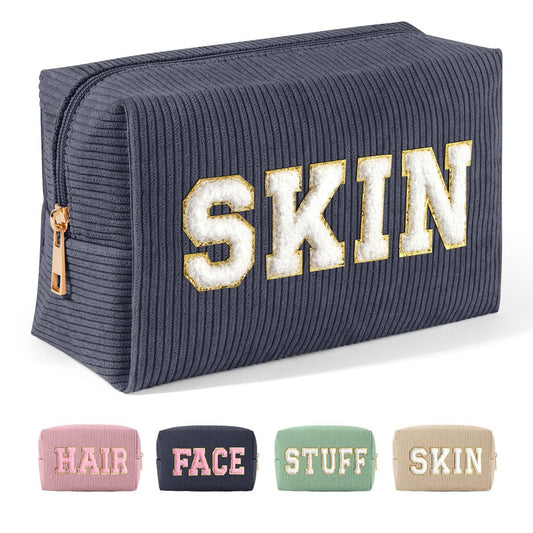 MAGEFY Kleine Make-up Tasche für die Handtasche – Portable Kosmetiktasche mit Fächern aus Cord – Make-up Beutel für Frauen und Reise (Dunkelgrau, SKIN)