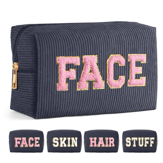 MAGEFY Kleine Make-up Tasche für die Handtasche – Tragbares Make-up Etui mit Fächern, Cord Make-up Tasche für Frauen, Reise-Kosmetiktasche (Dunkelgrau, GESICHT)
