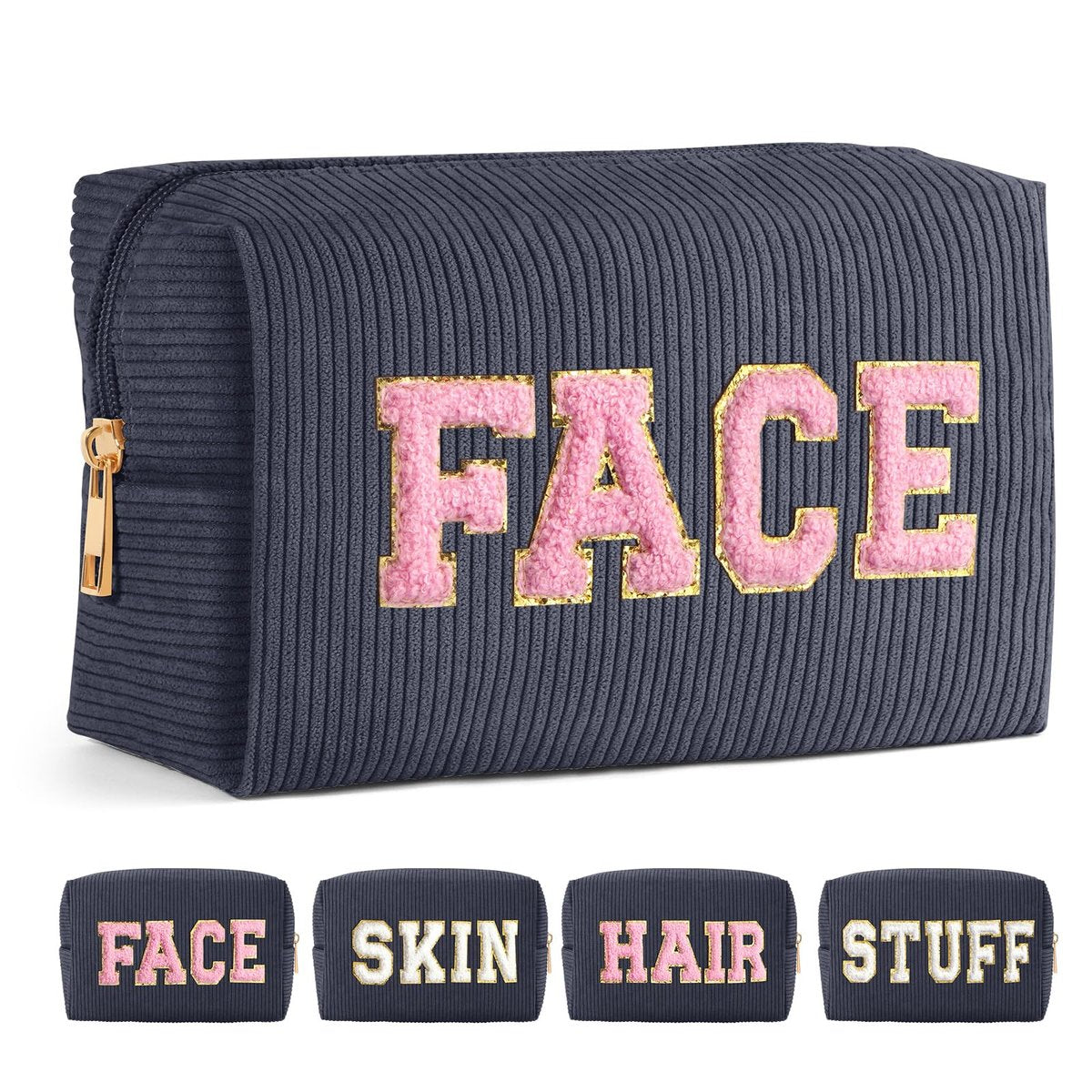 MAGEFY Kleine Make-up Tasche für die Handtasche – Tragbares Make-up Etui mit Fächern, Cord Make-up Tasche für Frauen, Reise-Kosmetiktasche (Dunkelgrau, GESICHT)