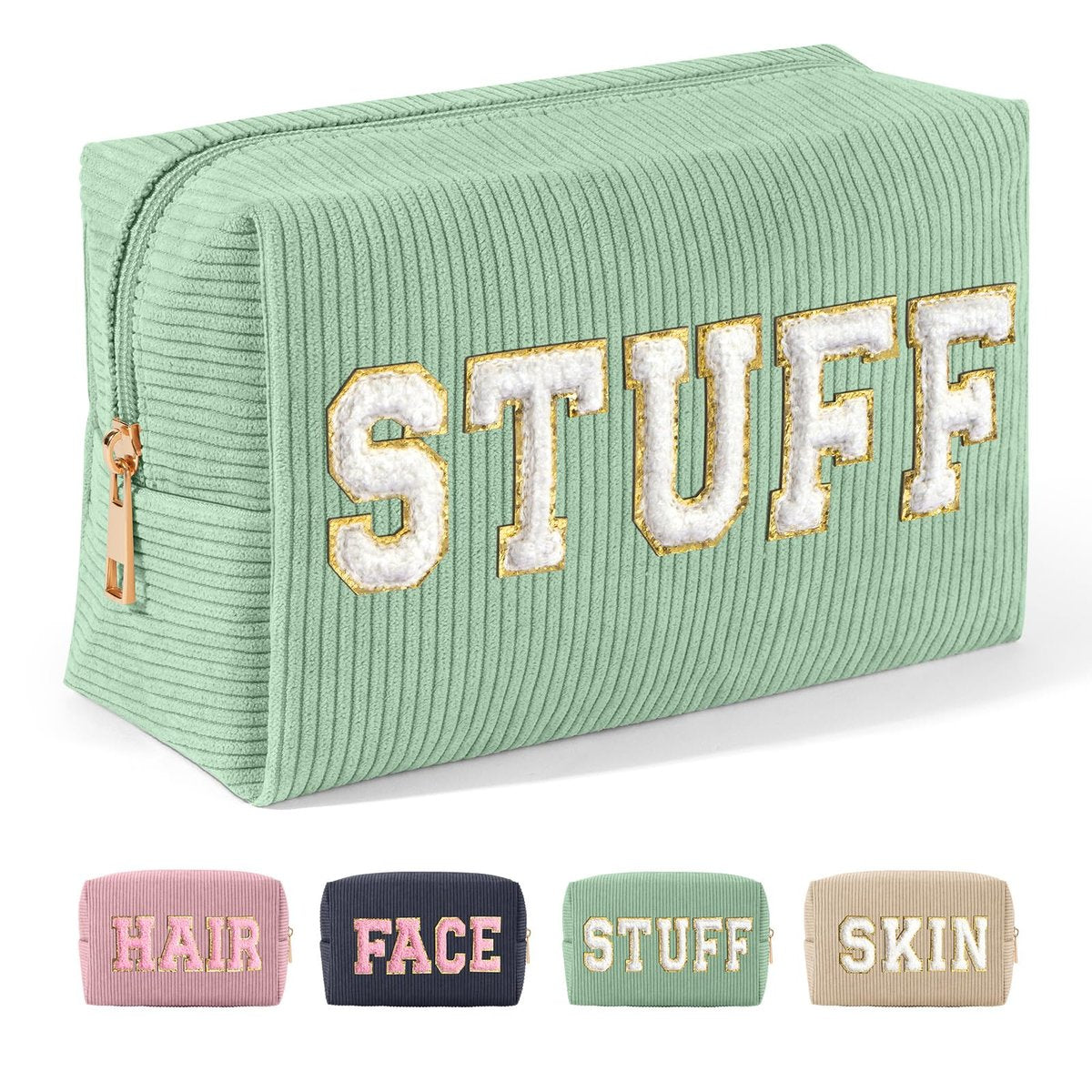 MAGEFY Kleine Kosmetiktasche für die Handtasche – Cord Make-up Tasche für Frauen mit Fächern, Reise-Kosmetiktasche (Grün, STUFF)