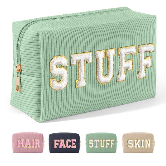 MAGEFY Kleine Kosmetiktasche für die Handtasche – Cord Make-up Tasche für Frauen mit Fächern, Reise-Kosmetiktasche (Grün, STUFF)