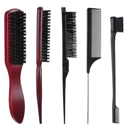 cobee 5-teiliges Slick Back Haarbürsten-Set, Borstenhaarbürste, Edge-Control-Bürste, Teasing-Kamm, Wachsstab für Haare und Perücken, für glattes Haar, Scheitel und fliegende Haare