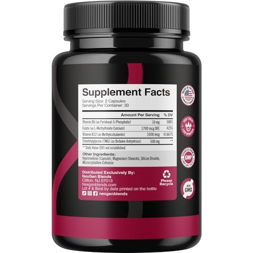 TMG Trimethylglycin Supplement mit Methyl-B-Komplex – 500 mg Betain TMG mit methylierten B-Vitamin-Co-Faktoren für Herz- und Leberunterstützung – Vegan &amp; Non-GMO (1 Monatsvorrat)