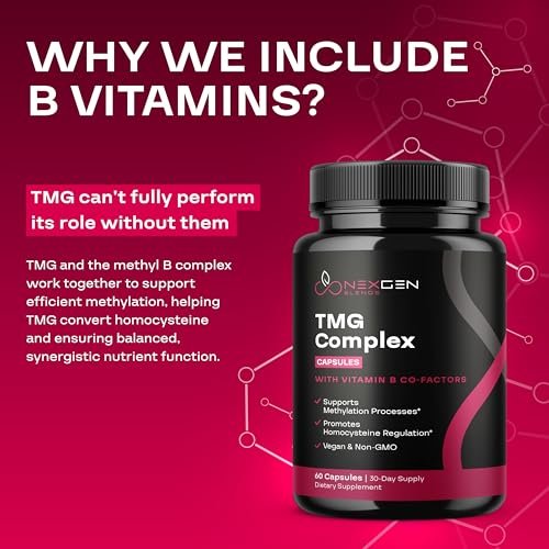 TMG Trimethylglycin Supplement mit Methyl-B-Komplex – 500 mg Betain TMG mit methylierten B-Vitamin-Co-Faktoren für Herz- und Leberunterstützung – Vegan &amp; Non-GMO (1 Monatsvorrat)
