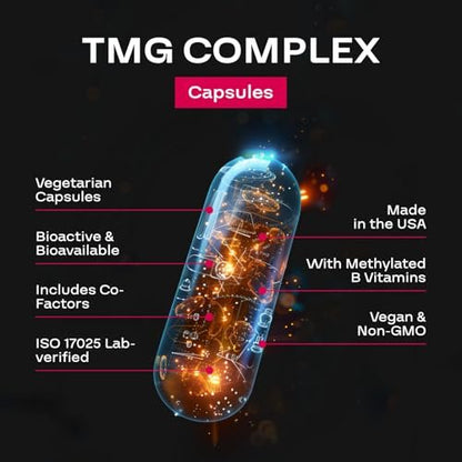 TMG Trimethylglycin Supplement mit Methyl-B-Komplex – 500 mg Betain TMG mit methylierten B-Vitamin-Co-Faktoren für Herz- und Leberunterstützung – Vegan &amp; Non-GMO (1 Monatsvorrat)