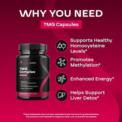 TMG Trimethylglycin Supplement mit Methyl-B-Komplex – 500 mg Betain TMG mit methylierten B-Vitamin-Co-Faktoren für Herz- und Leberunterstützung – Vegan &amp; Non-GMO (1 Monatsvorrat)