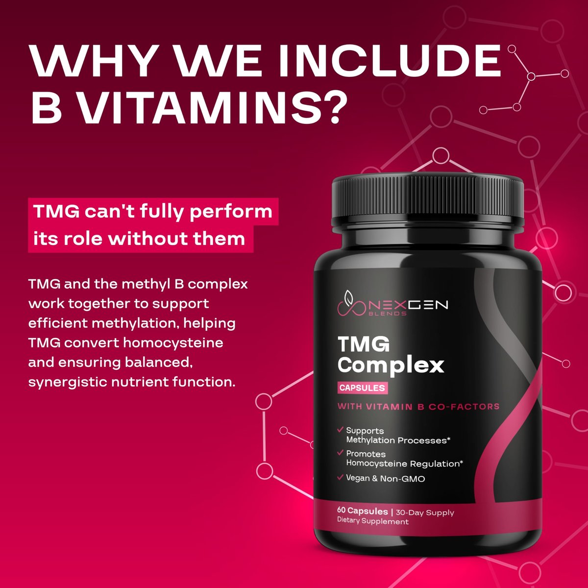 TMG Trimethylglycin Supplement mit Methyl-B-Komplex – 500 mg Betain TMG mit methylierten B-Vitamin-Co-Faktoren für Herz- und Leberunterstützung – Vegan &amp; Non-GMO (1 Monatsvorrat)