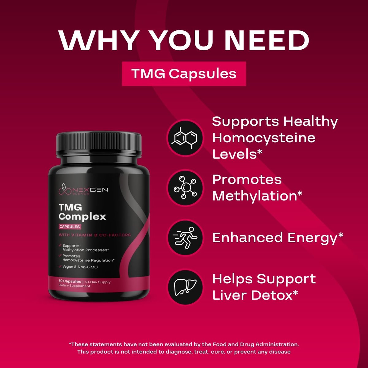 TMG Trimethylglycin Supplement mit Methyl-B-Komplex – 500 mg Betain TMG mit methylierten B-Vitamin-Co-Faktoren für Herz- und Leberunterstützung – Vegan &amp; Non-GMO (1 Monatsvorrat)