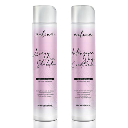 Arlena Luxury Wig Shampoo und Conditioner Set für synthetische und Echthaar-Perücken – Hergestellt in den USA, sulfatfrei, verbessert Glanz und Weichheit, verlängert die Lebensdauer der Perücke, pflegt und entwirrt tiefenwirksam, klar