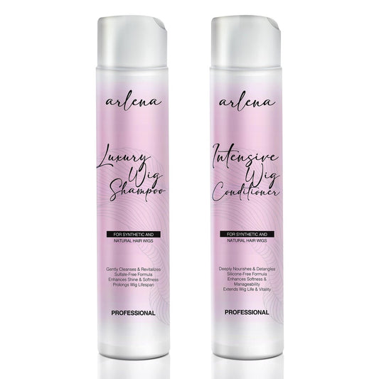 Arlena Luxury Wig Shampoo und Conditioner Set für synthetische und Echthaar-Perücken – Hergestellt in den USA, sulfatfrei, verbessert Glanz und Weichheit, verlängert die Lebensdauer der Perücke, pflegt und entwirrt tiefenwirksam, klar