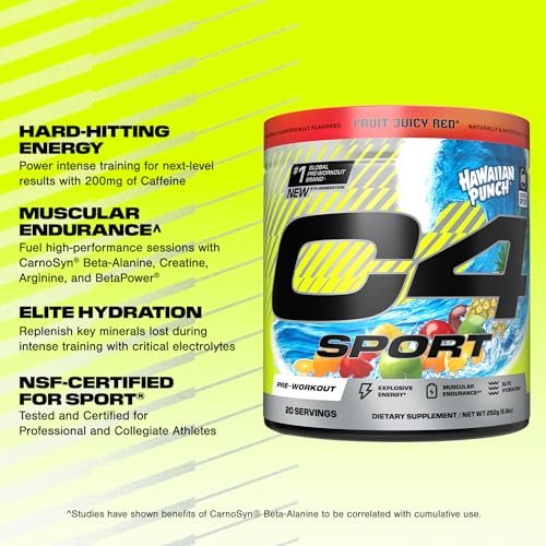 C4 Sport Pre-Workout-Pulver – NSF-zertifiziert für den Sport – Elite Hydration – 200 mg Koffein + Kreatin + Beta-Alanin – Elektrolyte und Energie-Supplement – Hawaiian Punch, 20 Portionen