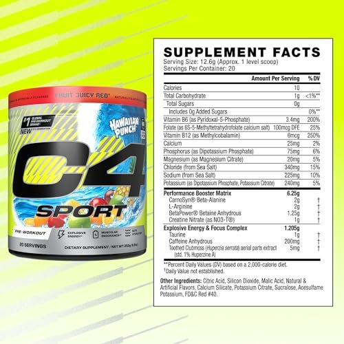 C4 Sport Pre-Workout-Pulver – NSF-zertifiziert für den Sport – Elite Hydration – 200 mg Koffein + Kreatin + Beta-Alanin – Elektrolyte und Energie-Supplement – Hawaiian Punch, 20 Portionen
