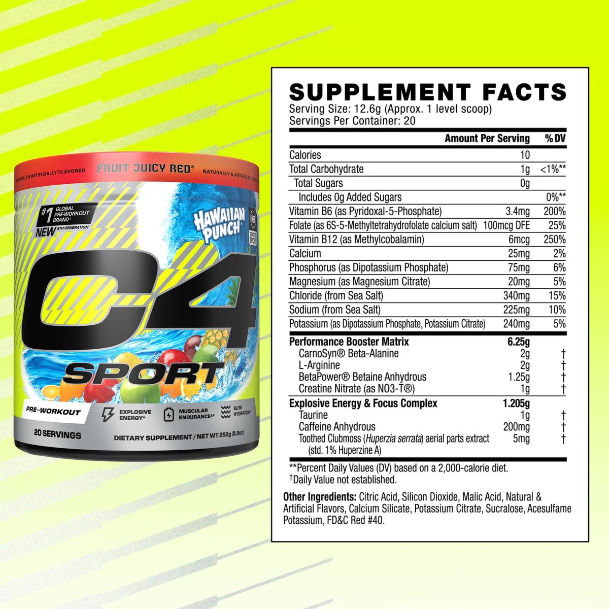 C4 Sport Pre-Workout-Pulver – NSF-zertifiziert für den Sport – Elite Hydration – 200 mg Koffein + Kreatin + Beta-Alanin – Elektrolyte und Energie-Supplement – Hawaiian Punch, 20 Portionen