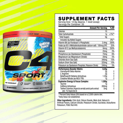 C4 Sport Pre-Workout-Pulver – NSF-zertifiziert für den Sport – Elite Hydration – 200 mg Koffein + Kreatin + Beta-Alanin – Elektrolyte und Energie-Supplement – Hawaiian Punch, 20 Portionen