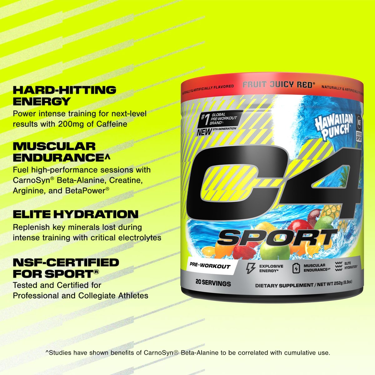 C4 Sport Pre-Workout-Pulver – NSF-zertifiziert für den Sport – Elite Hydration – 200 mg Koffein + Kreatin + Beta-Alanin – Elektrolyte und Energie-Supplement – Hawaiian Punch, 20 Portionen