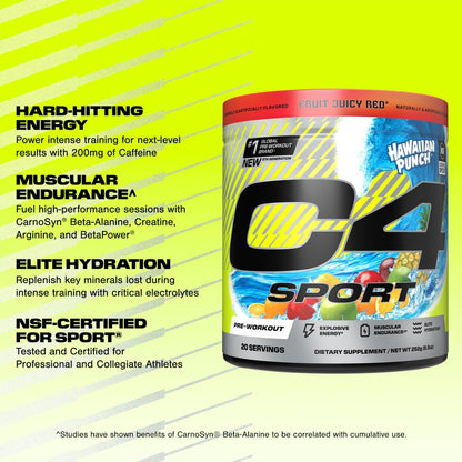 C4 Sport Pre-Workout-Pulver – NSF-zertifiziert für den Sport – Elite Hydration – 200 mg Koffein + Kreatin + Beta-Alanin – Elektrolyte und Energie-Supplement – Hawaiian Punch, 20 Portionen