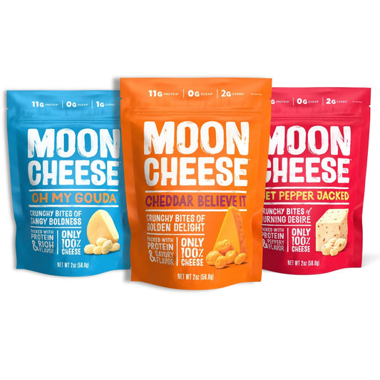 Moon Cheese Sortenpaket – Cheddar, Gouda & Pepper Jack – Knuspriger, proteinreicher Käsessnack – Glutenfrei, Keto-freundlich, 100% echter Käse – 2 Unzen (3er-Pack)