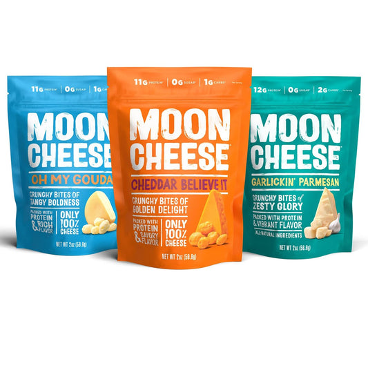 Moon Cheese Variety Pack – Cheddar, Gouda & Garlic Parm – Knuspriger, proteinreicher Käsesnack, glutenfrei, keto-freundlich, 100% echter Käse, 2 Unzen (3er-Pack)