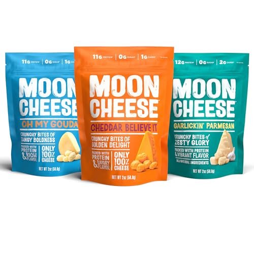 Moon Cheese Variety Pack – Cheddar, Gouda & Garlic Parm – Knuspriger, proteinreicher Käsesnack, glutenfrei, keto-freundlich, 100% echter Käse, 2 Unzen (3er-Pack)