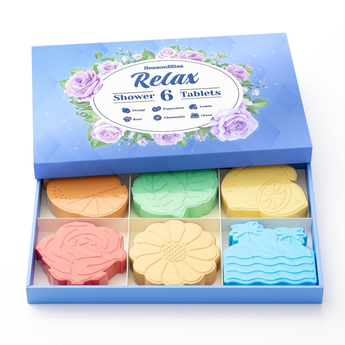 SeasonBliss Duschbomben 6er-Pack – Einzigartige Formen & Düfte: Orange, Pfefferminze, Zitrone, Rose, Kamille, Meer – Ideales Geschenk für Geburtstag, Muttertag, Valentinstag für Frauen