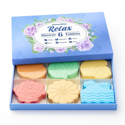 SeasonBliss Duschbomben 6er-Pack – Einzigartige Formen & Düfte: Orange, Pfefferminze, Zitrone, Rose, Kamille, Meer – Ideales Geschenk für Geburtstag, Muttertag, Valentinstag für Frauen